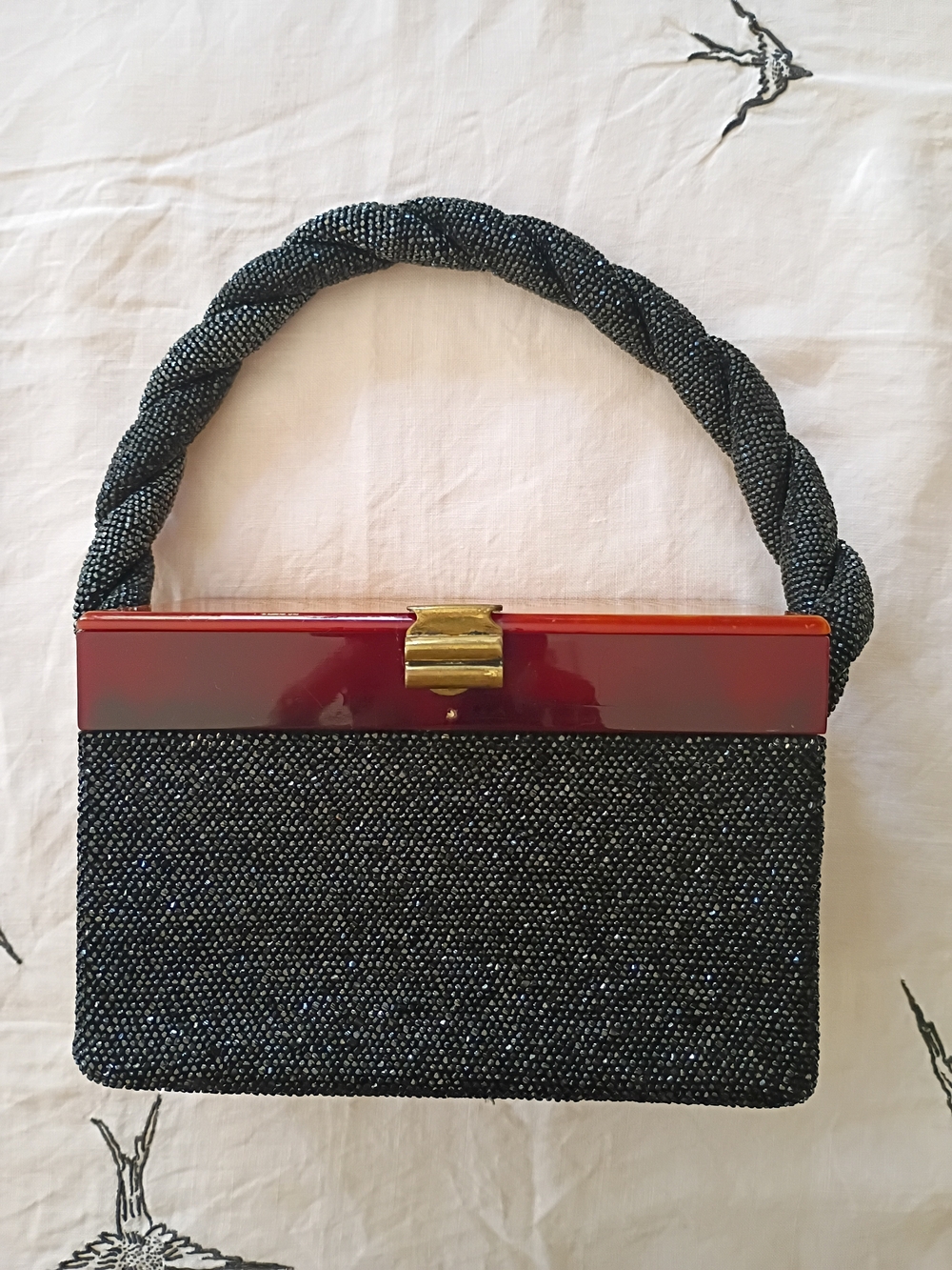 1940's Cubist Bakelite/Lucite Beaded Black Rectangle Box With Woven Straps